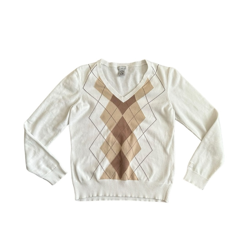 Izod Golf Womens Size Medium 100% Cotton Argyle Diamond Print V-neck Academia